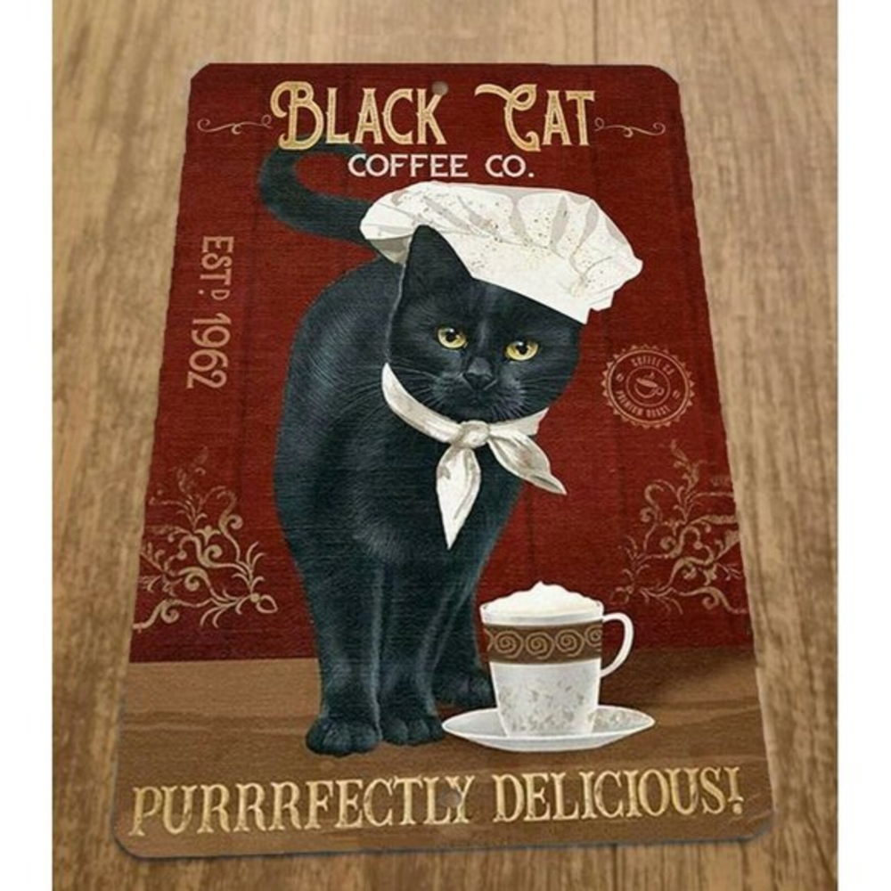 Black Cat Coffee Purrrfectly‎ Delicious 8x12 Metal Wall Animal Sign